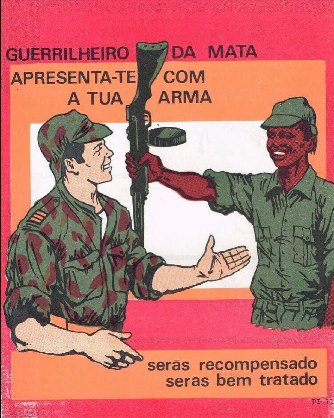 Plakat, hvor en portugisisk soldat tager imod en afrikansk guerillasoldat, der afleverer sit våben